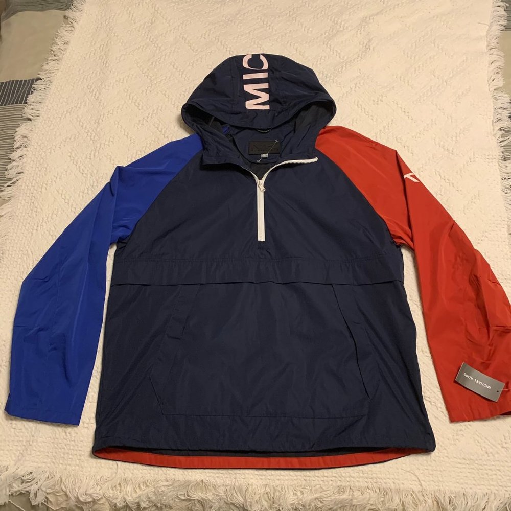 NWT Men’s Michael Kors Spell Out Hooded Multicolor 1/2 Zip Windbreaker Jacket XL
